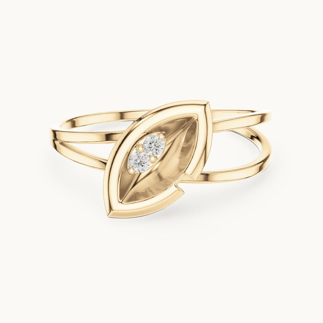 Round lab-grown diamond split band marquise frame ring in yellow gold, 0.03 CT TW, view 4