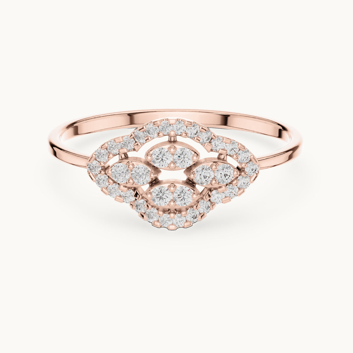 Round lab-grown diamond marquise-shape halo cluster ring in rose gold, 0.184 CT TW, view 4