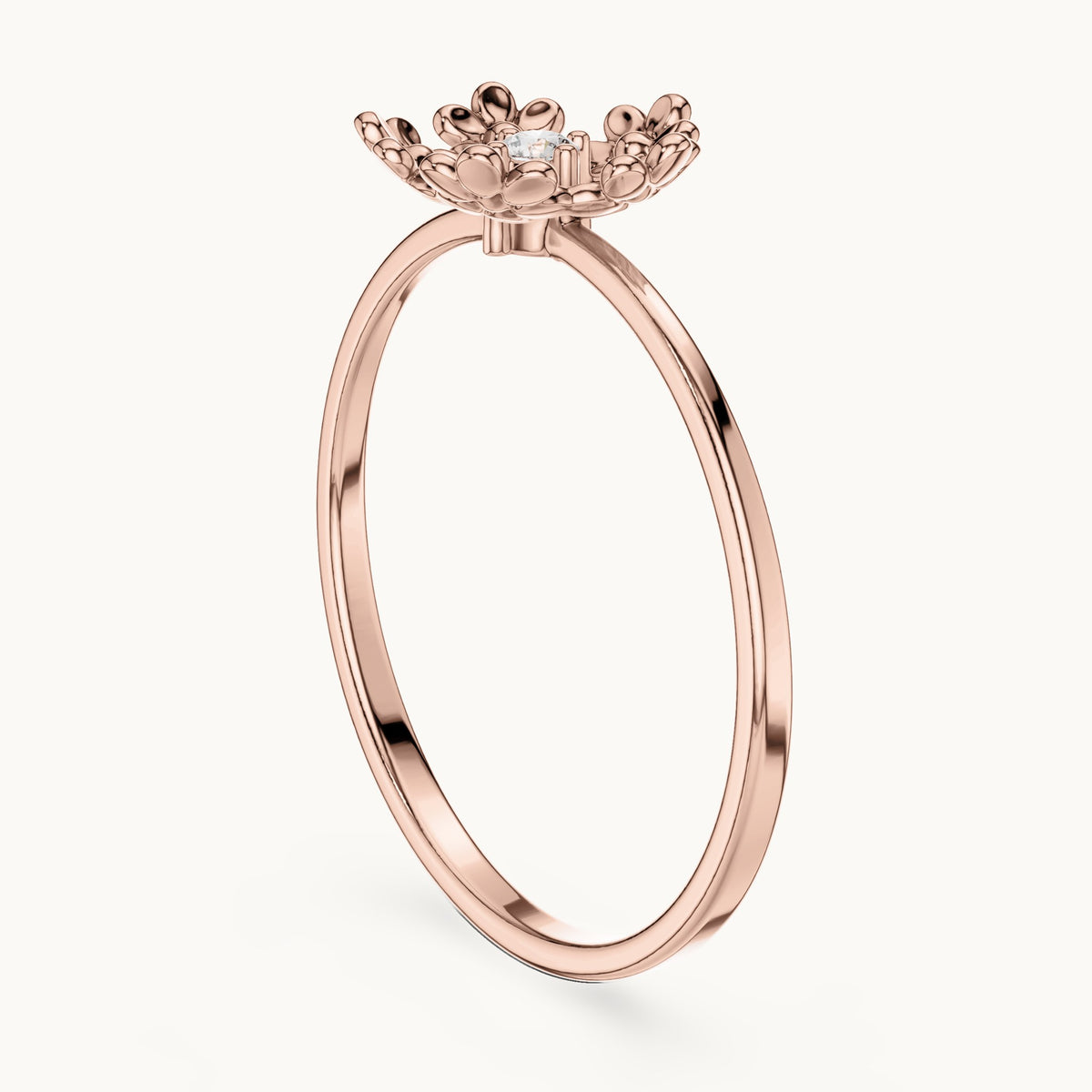 Round lab-grown diamond flower wreath solitaire ring in rose gold, 0.03 CT TW, view 1