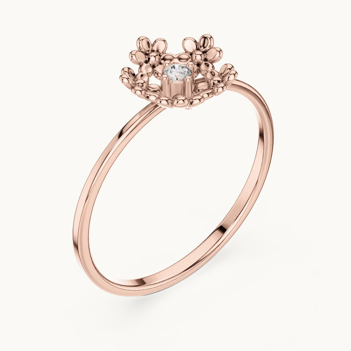 Round lab-grown diamond flower wreath solitaire ring in rose gold, 0.03 CT TW, view 2