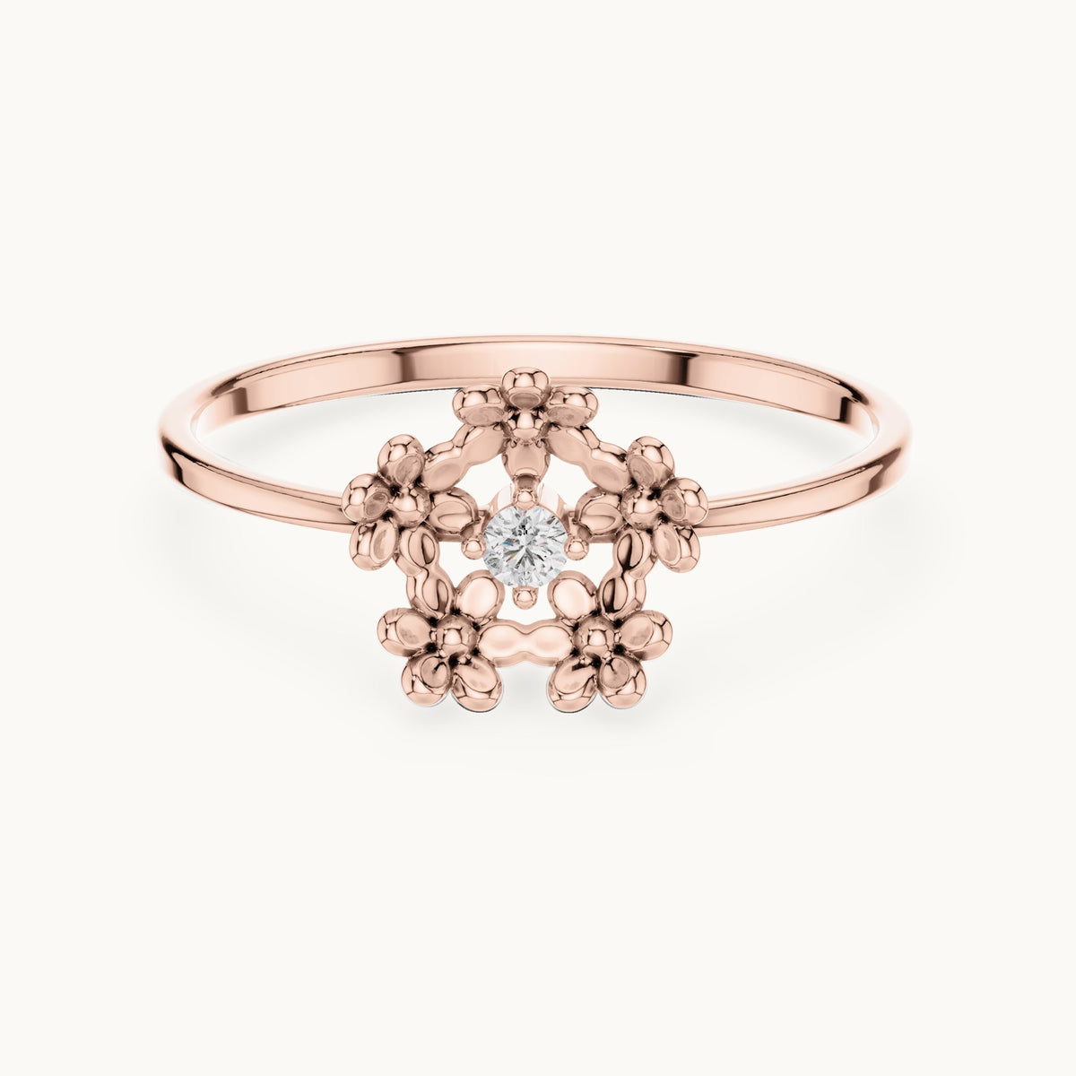 Round lab-grown diamond flower wreath solitaire ring in rose gold, 0.03 CT TW, view 4