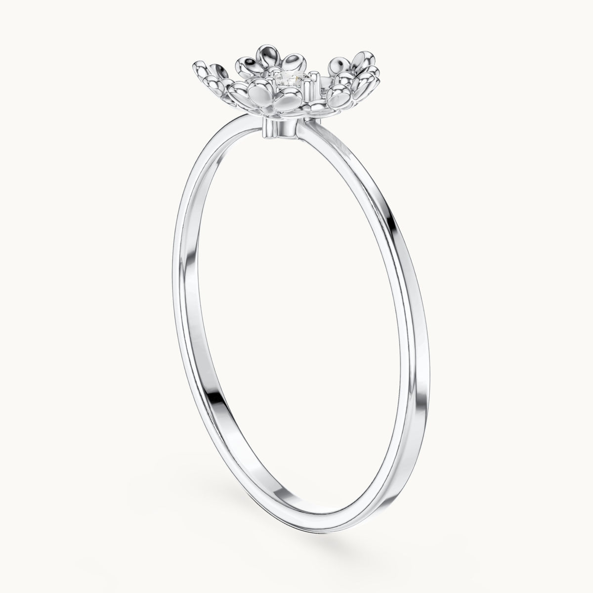 Round lab-grown diamond flower wreath solitaire ring in white gold, 0.03 CT TW, view 1