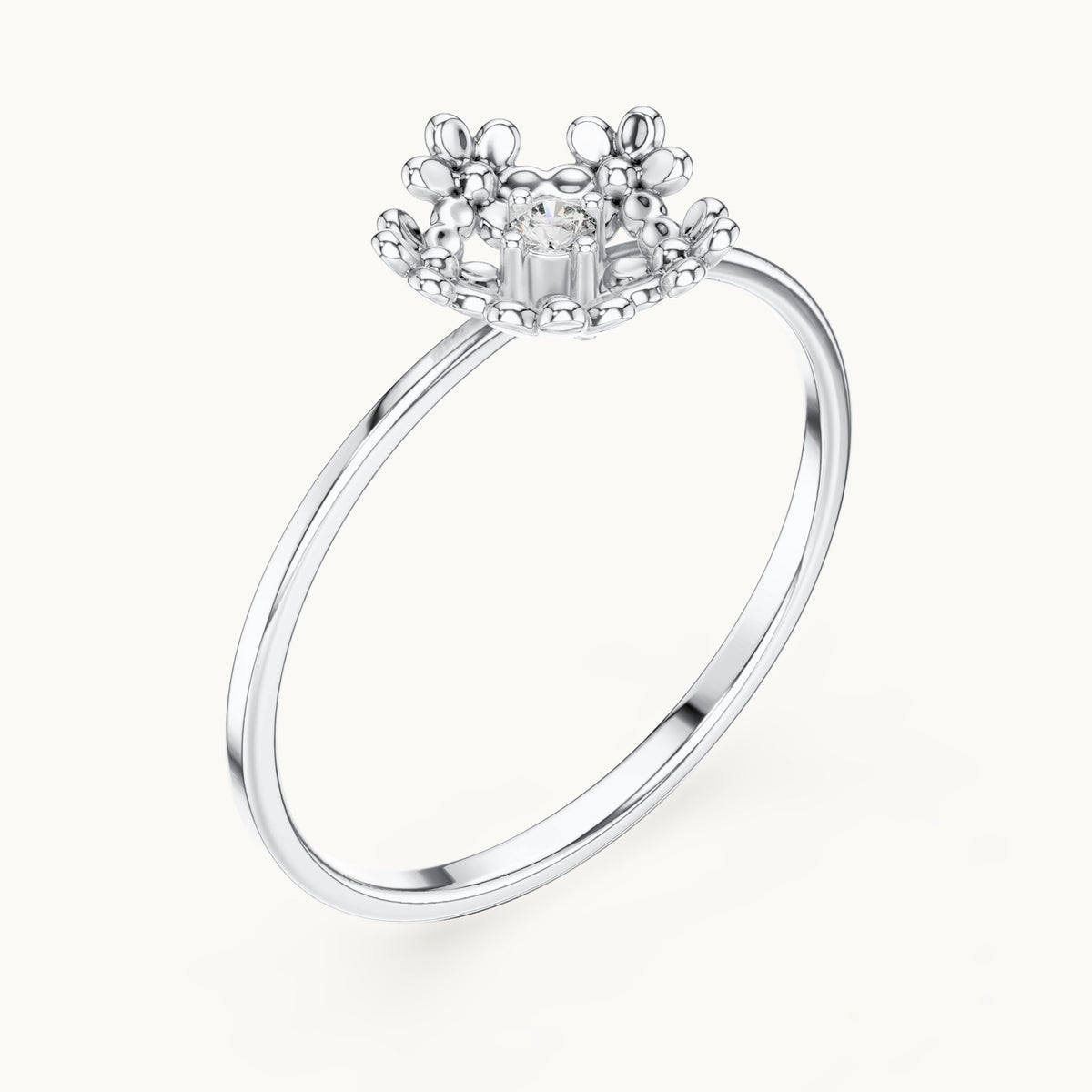 Round lab-grown diamond flower wreath solitaire ring in white gold, 0.03 CT TW, view 2