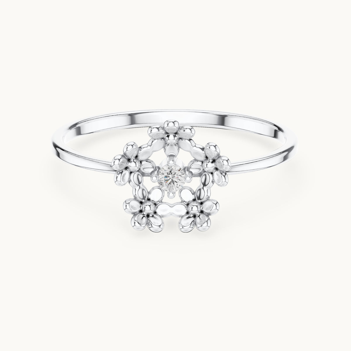Round lab-grown diamond flower wreath solitaire ring in white gold, 0.03 CT TW, view 4