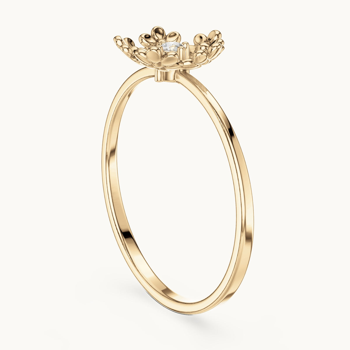 Round lab-grown diamond flower wreath solitaire ring in yellow gold, 0.03 CT TW, view 1