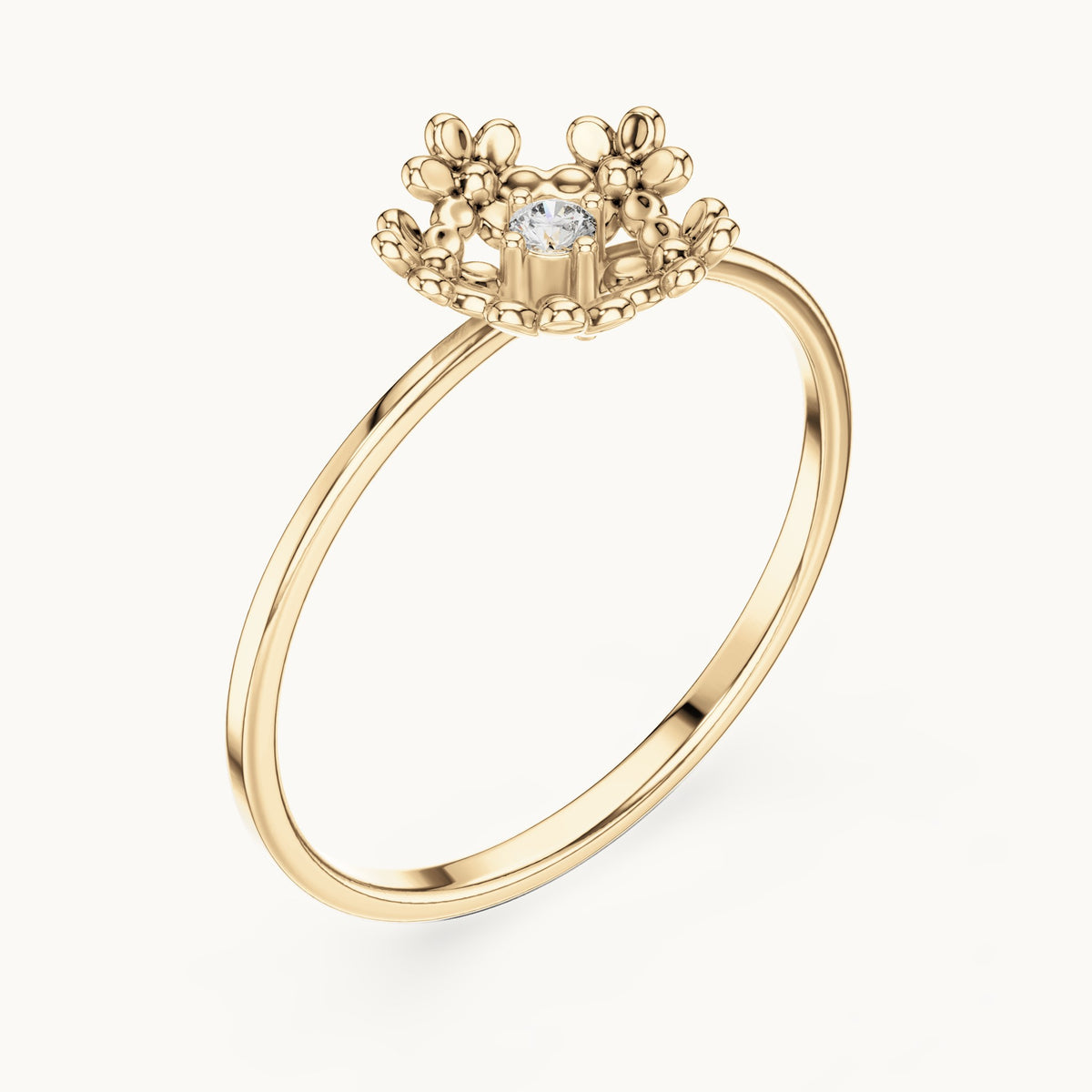 Round lab-grown diamond flower wreath solitaire ring in yellow gold, 0.03 CT TW, view 2