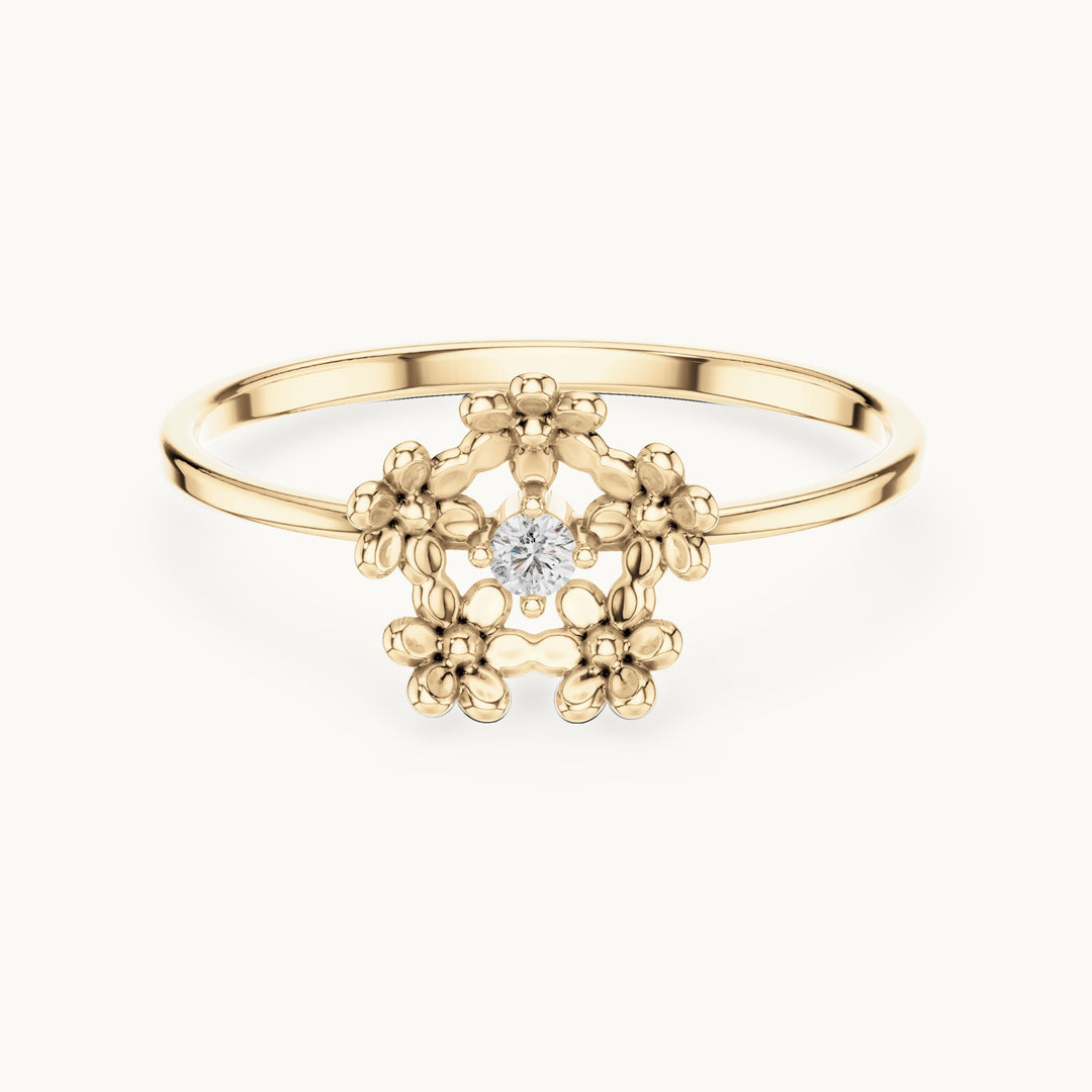 Round lab-grown diamond flower wreath solitaire ring in yellow gold, 0.03 CT TW, view 4