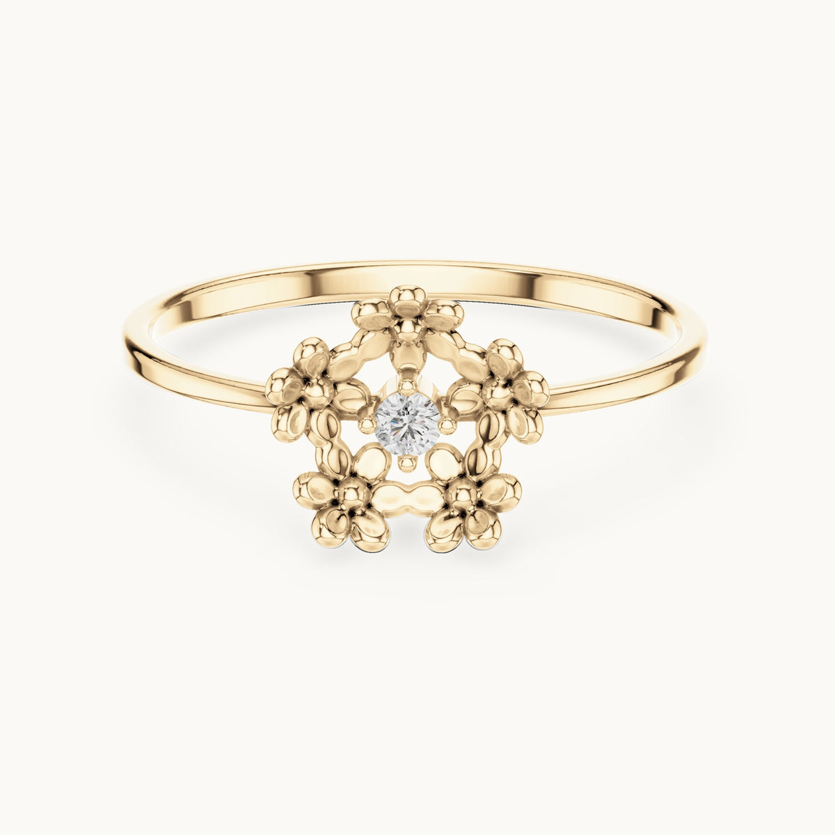 Round lab-grown diamond flower wreath solitaire ring in yellow gold, 0.03 CT TW, view 4