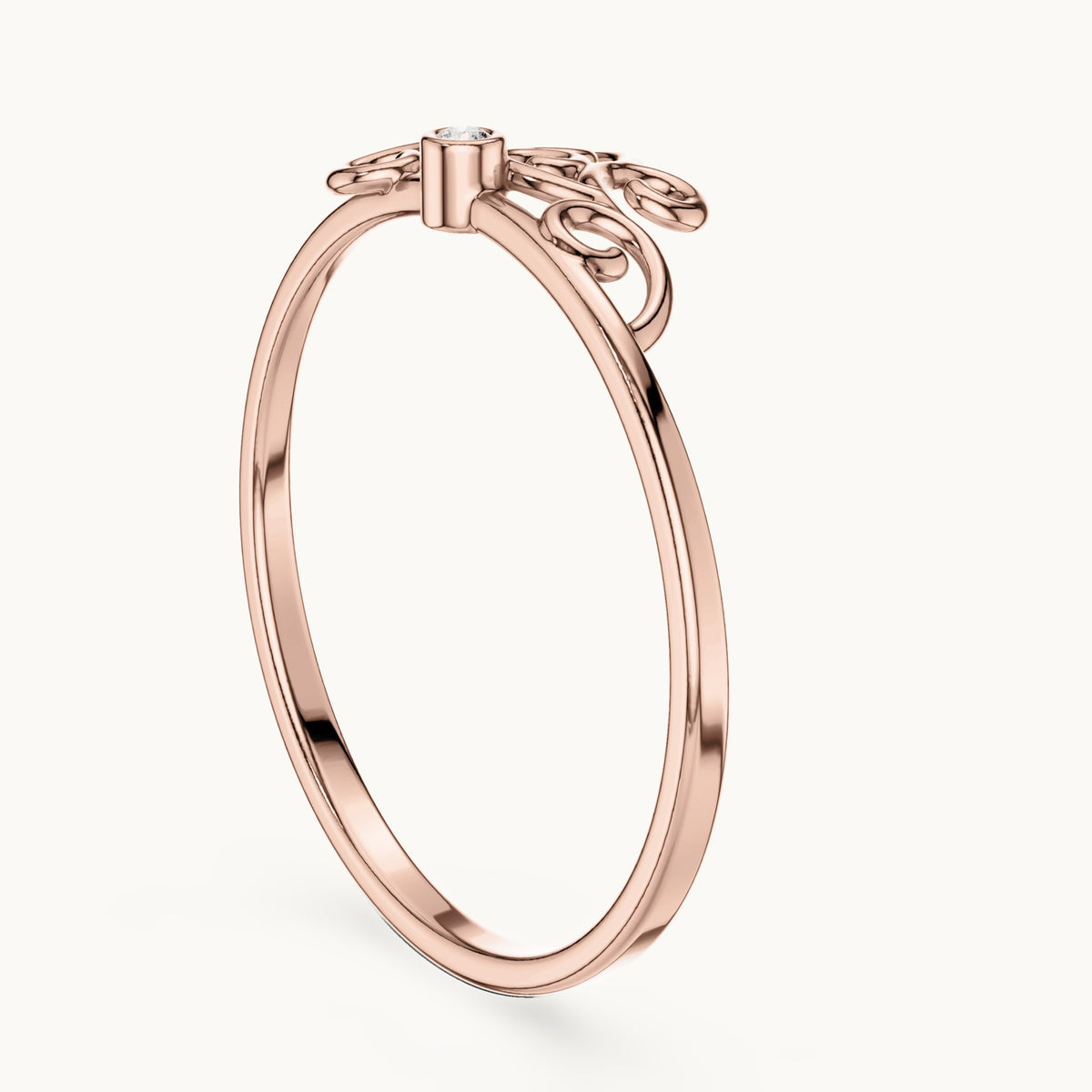 Round lab-grown diamond filigree scroll ring in rose gold, 0.01 CT TW, view 1