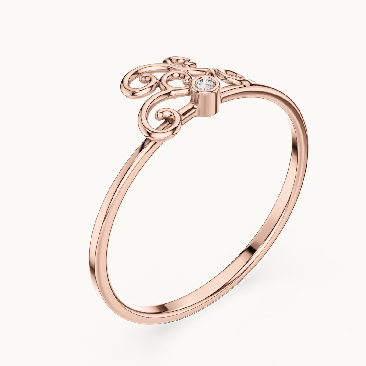 Round lab-grown diamond filigree scroll ring in rose gold, 0.01 CT TW, view 2