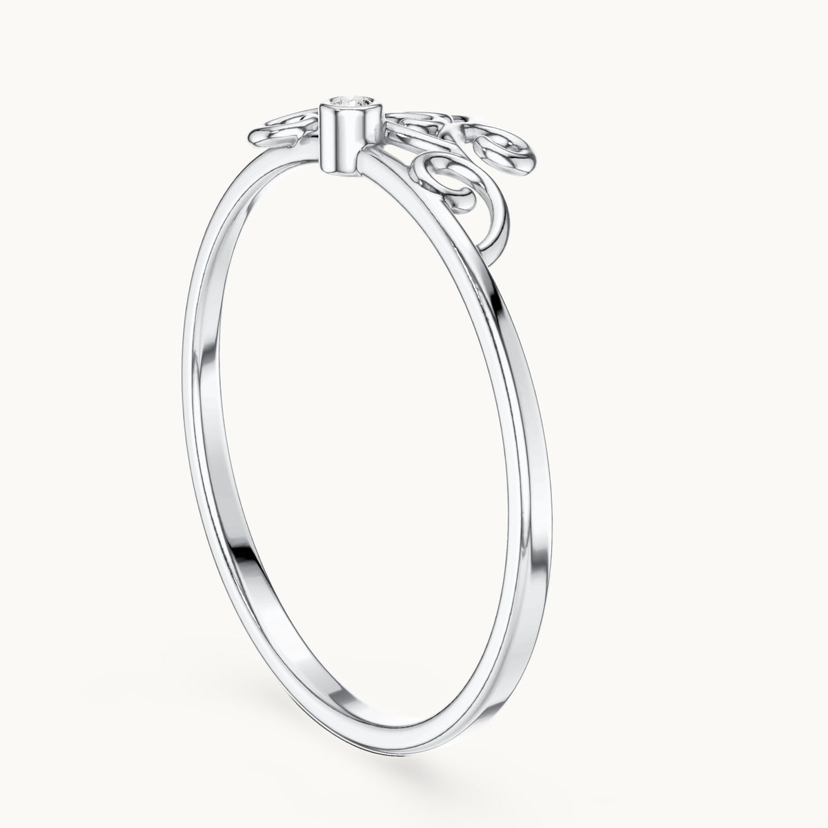 Round lab-grown diamond filigree scroll ring in white gold, 0.01 CT TW, view 1