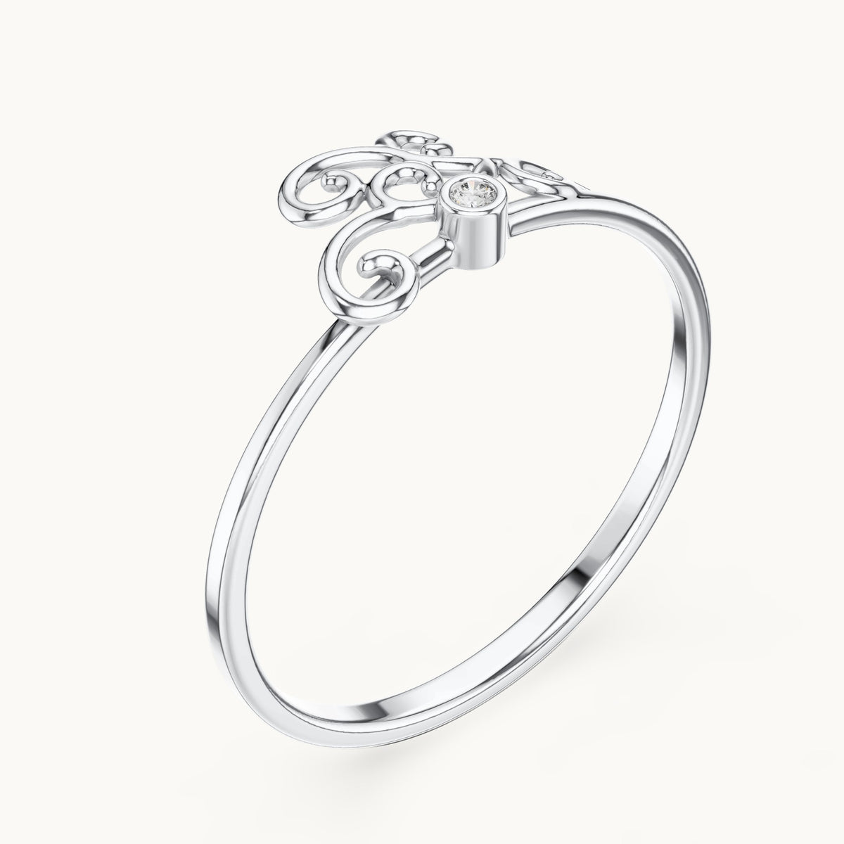 Round lab-grown diamond filigree scroll ring in white gold, 0.01 CT TW, view 2