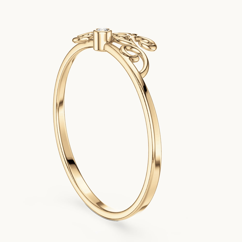 Round lab-grown diamond filigree scroll ring in yellow gold, 0.01 CT TW, view 1