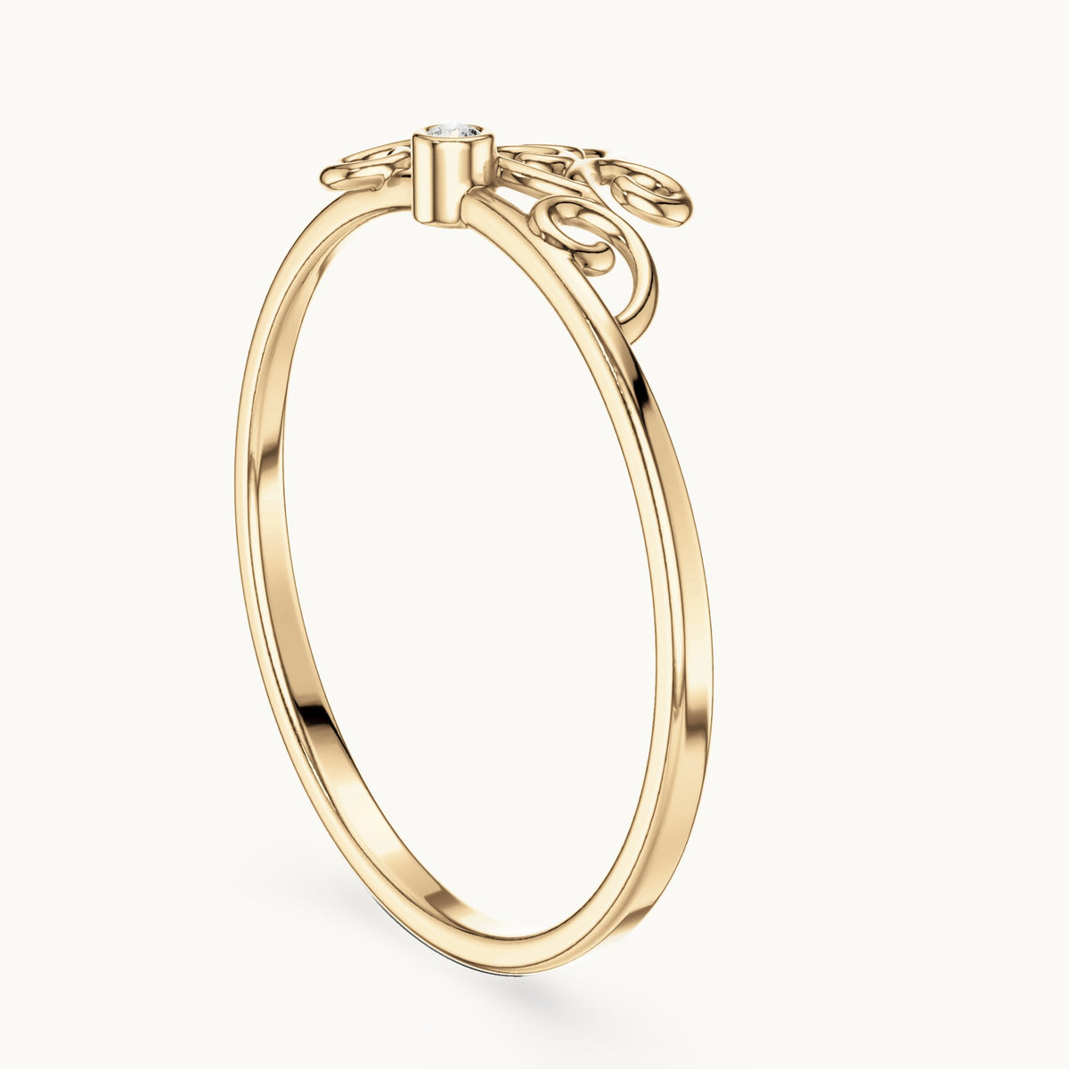 Round lab-grown diamond filigree scroll ring in yellow gold, 0.01 CT TW, view 1