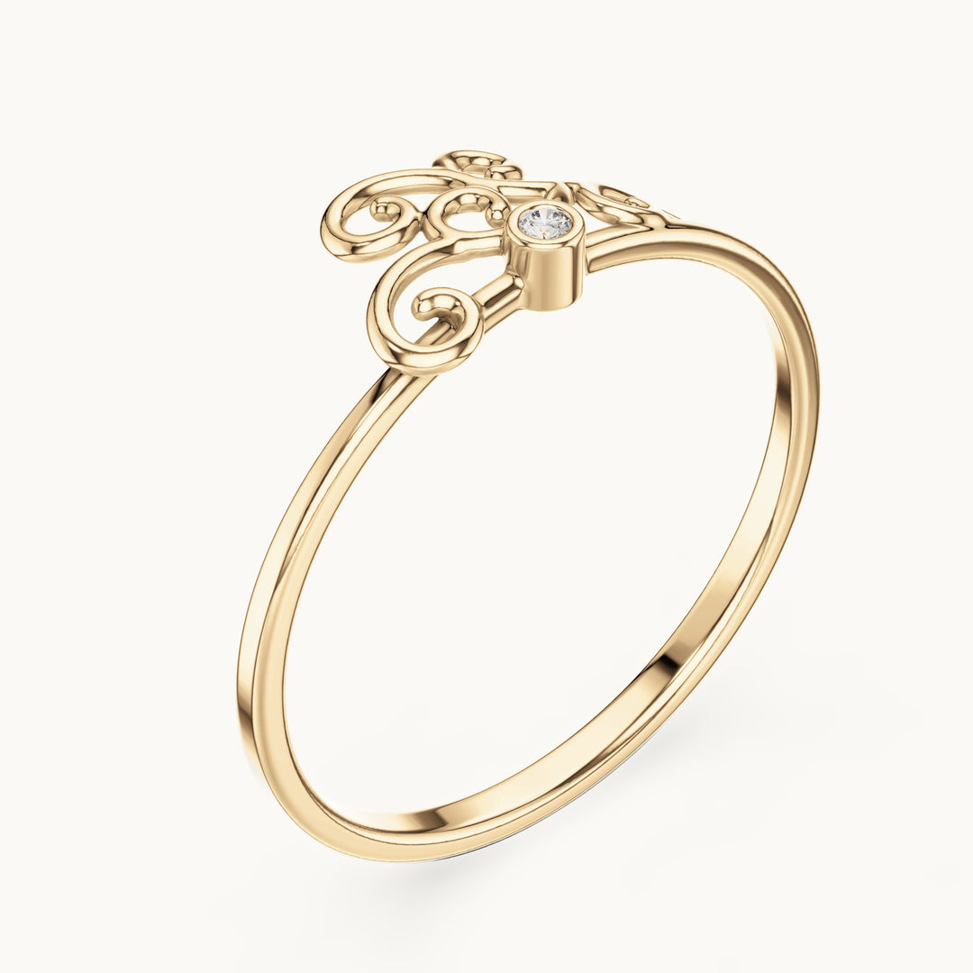 Round lab-grown diamond filigree scroll ring in yellow gold, 0.01 CT TW, view 2