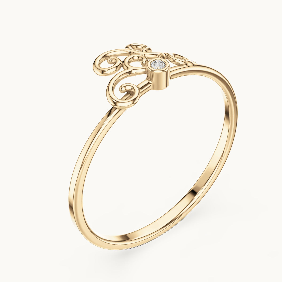 Round lab-grown diamond filigree scroll ring in yellow gold, 0.01 CT TW, view 2
