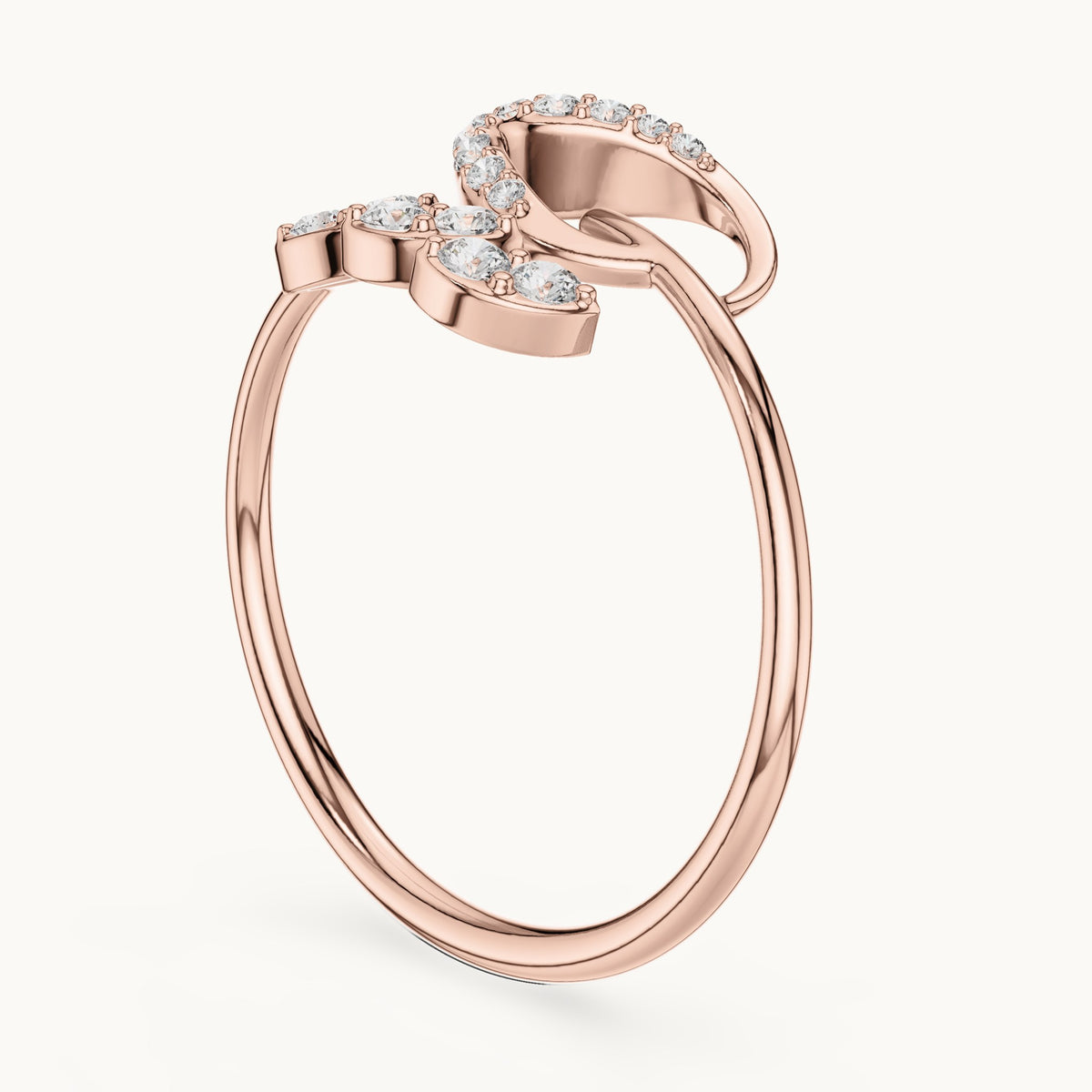 Round lab-grown diamond leaf cluster bypass ring in rose gold, 0.131 CT TW, view 1