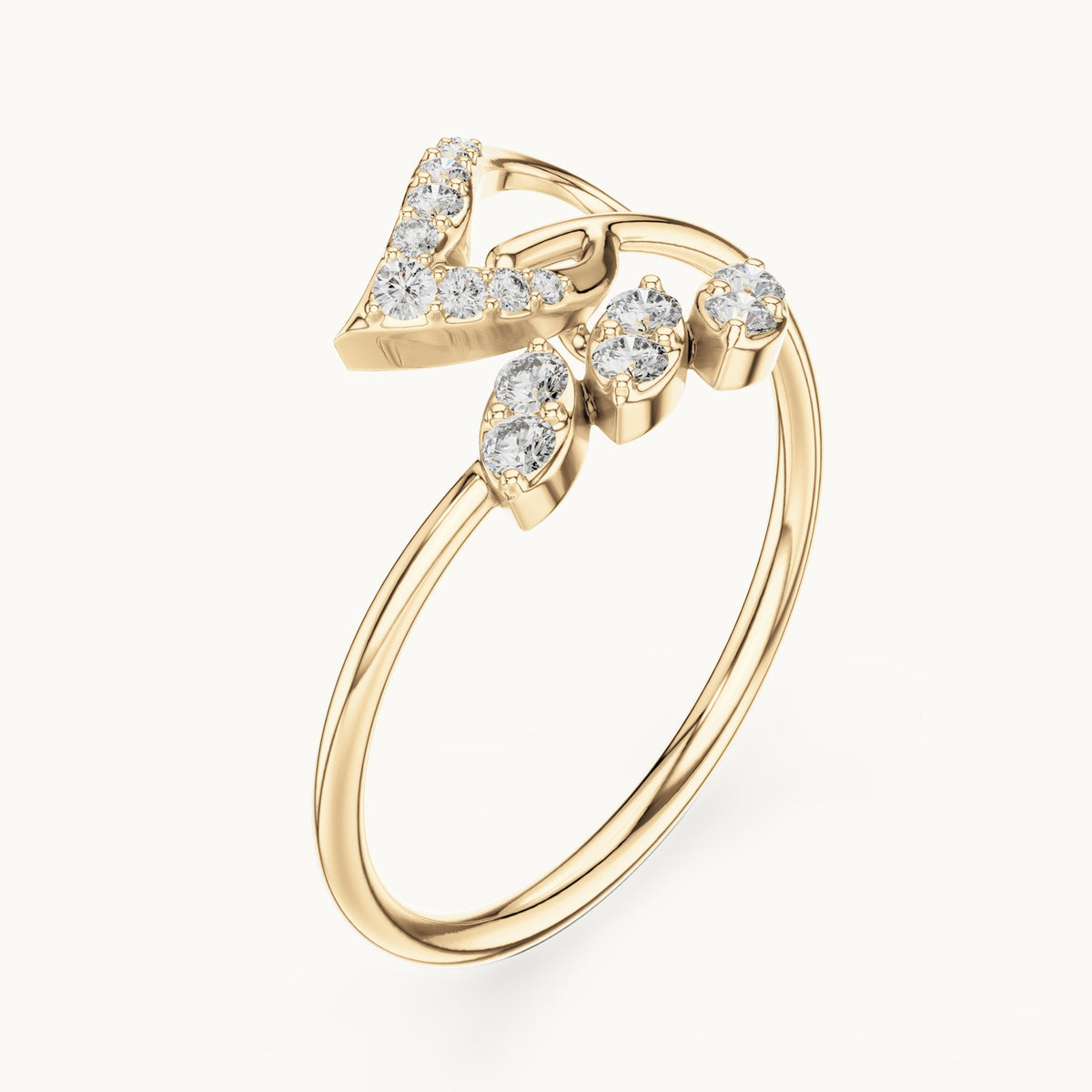 Round lab-grown diamond leaf cluster bypass ring in yellow gold, 0.131 CT TW, view 2