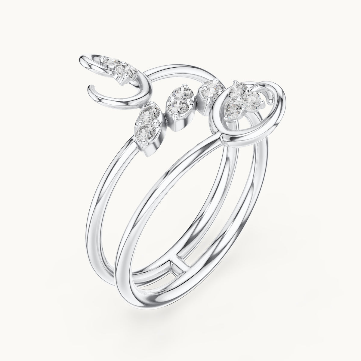 Round lab-grown diamond triple wrap vine ring in white gold, 0.162 CT TW, view 2