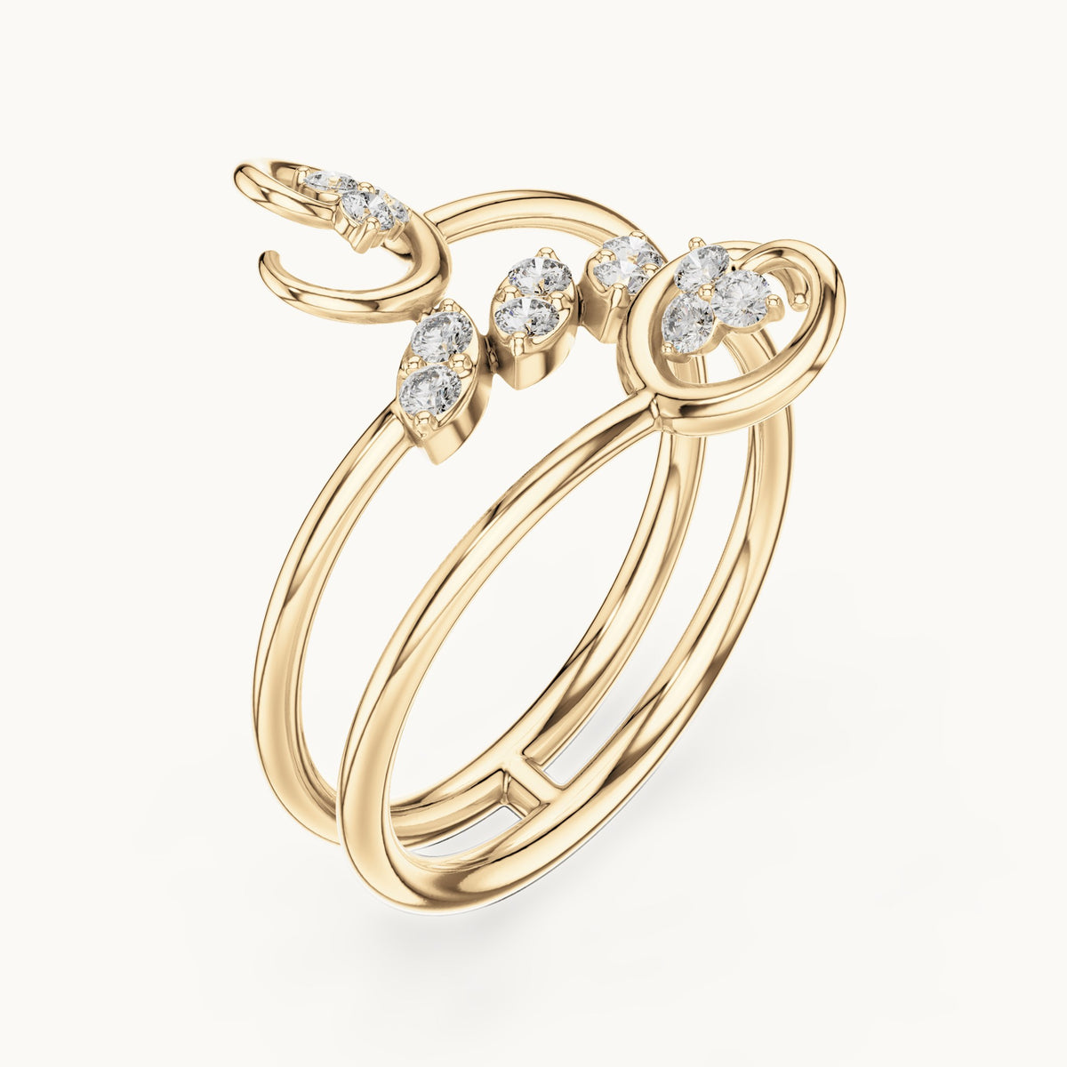 Round lab-grown diamond triple wrap vine ring in yellow gold, 0.162 CT TW, view 2