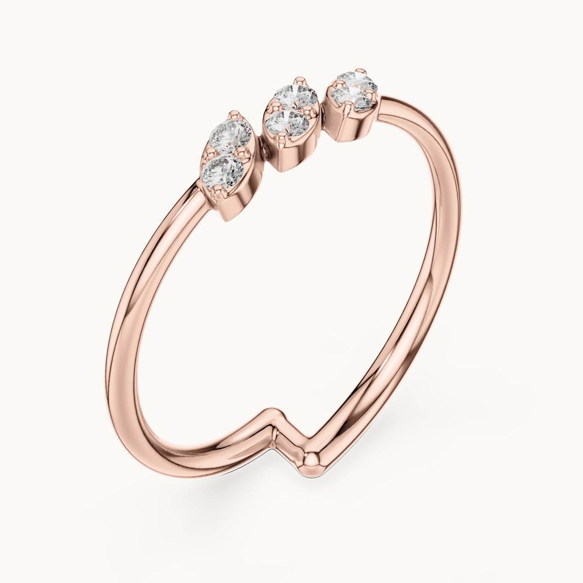 Round lab-grown diamond three marquise-shape cluster ring in rose gold, 0.090 CT TW, view 2
