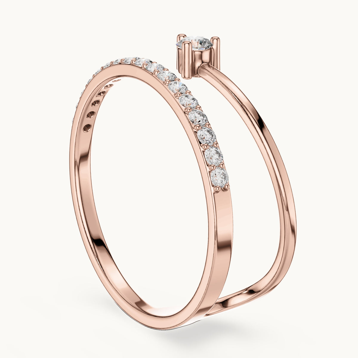 Round lab-grown diamond solitaire double-band ring in rose gold, 0.181 CT TW, view 1