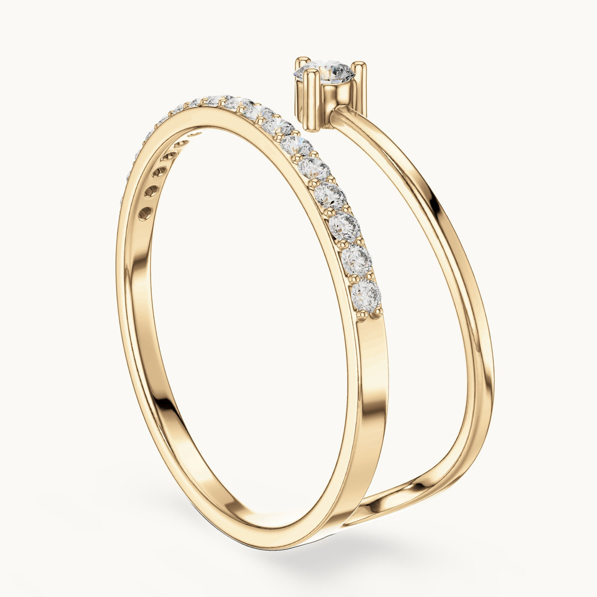 Round lab-grown diamond solitaire double-band ring in yellow gold, 0.181 CT TW, view 1