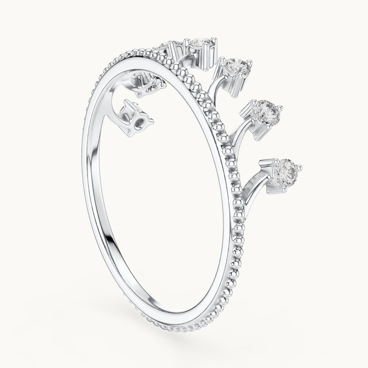 Round lab-grown diamond beaded sprig ring in white gold, 0.14 CT TW, view 1