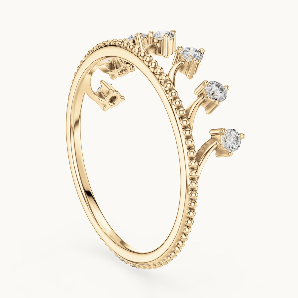 Round lab-grown diamond beaded sprig ring in yellow gold, 0.14 CT TW, view 1