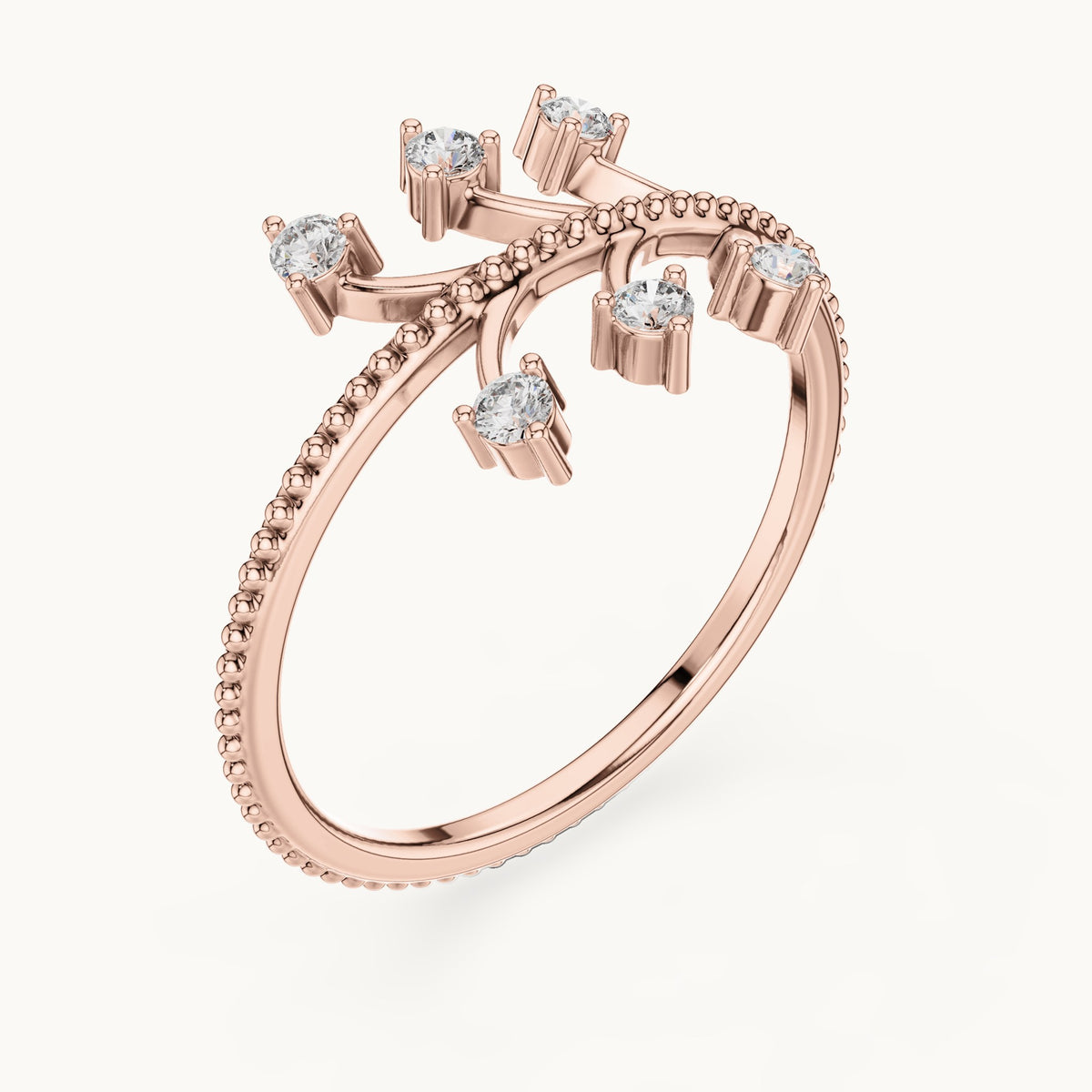 Round lab-grown diamond beaded branch ring in rose gold, 0.12 CT TW, view 2