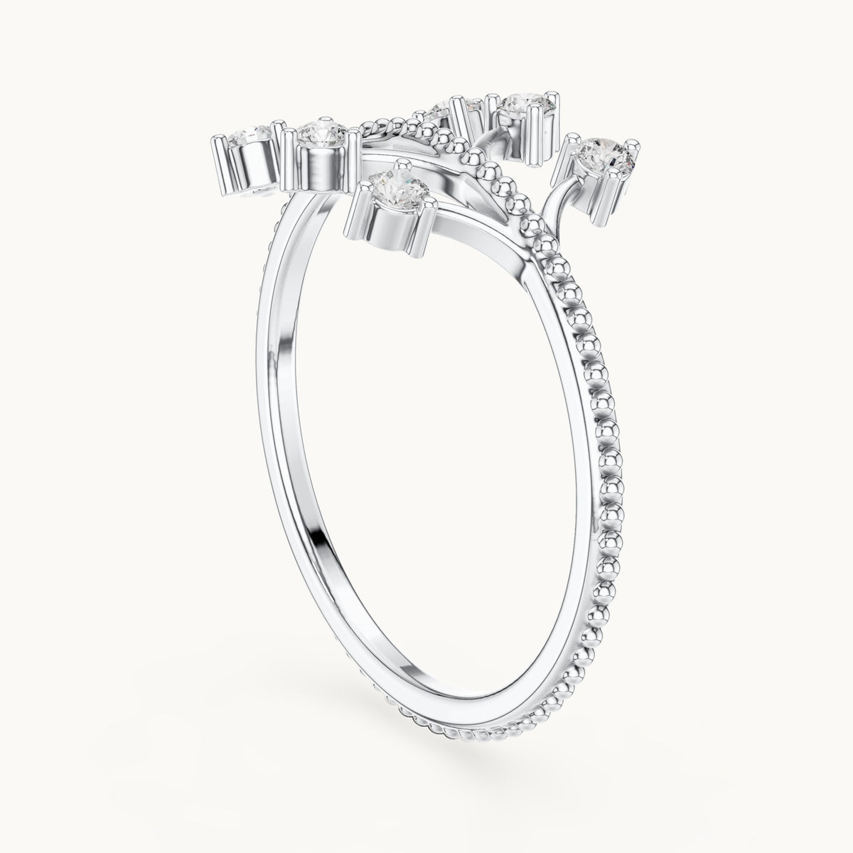 Round lab-grown diamond beaded branch ring in white gold, 0.12 CT TW, view 1