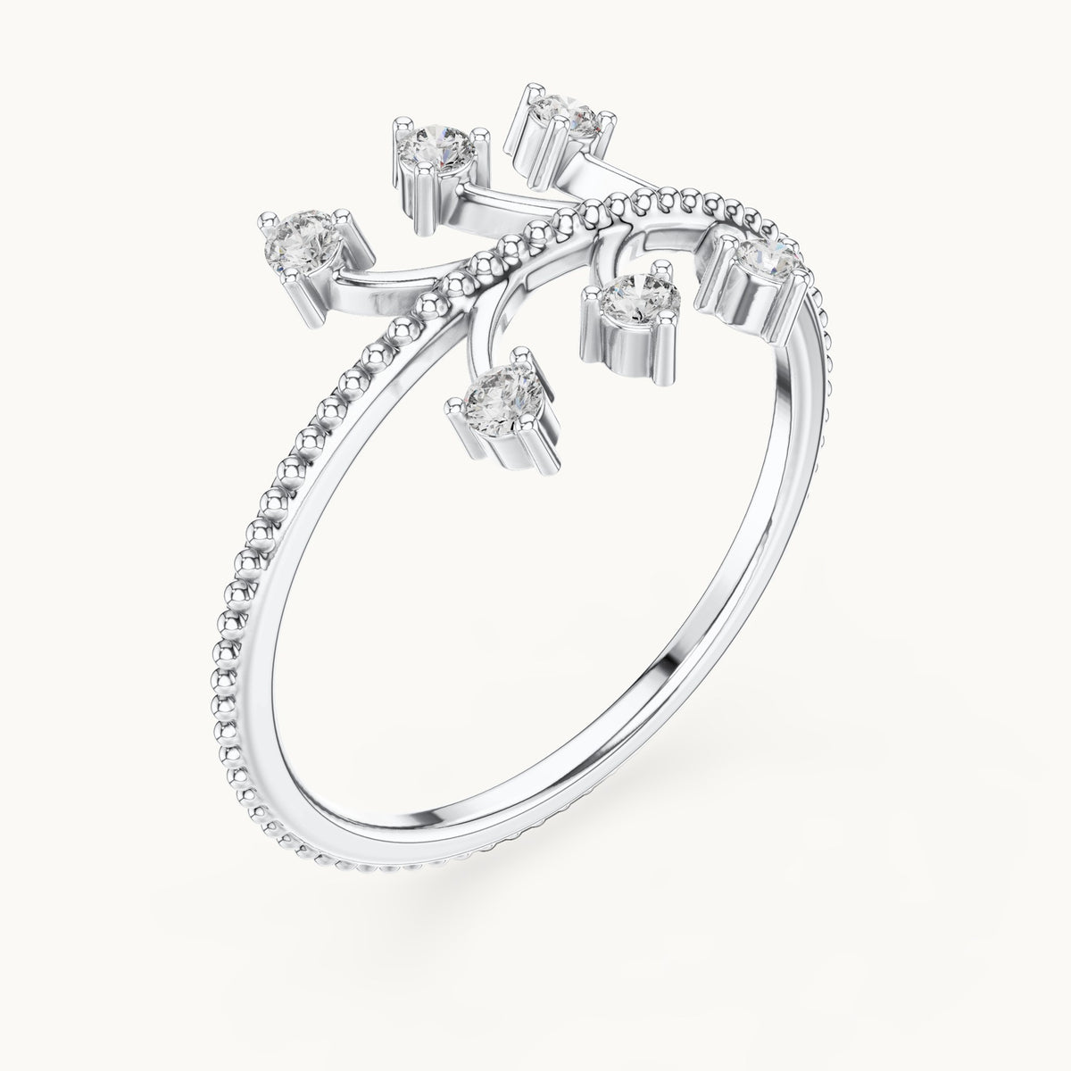 Round lab-grown diamond beaded branch ring in white gold, 0.12 CT TW, view 2