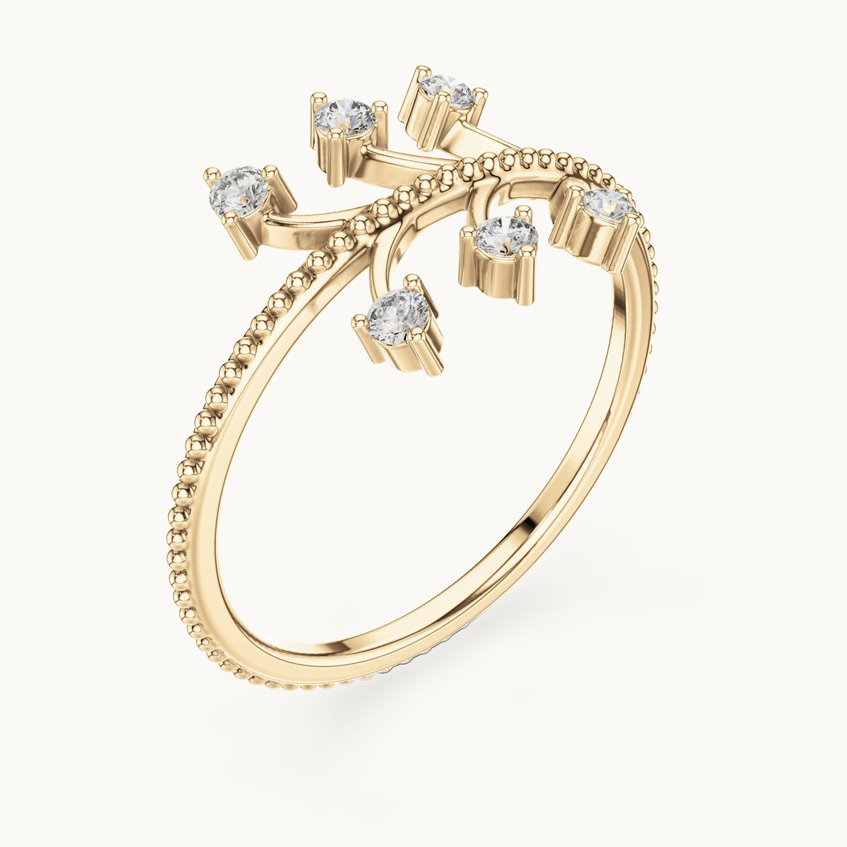 Round lab-grown diamond beaded branch ring in yellow gold, 0.12 CT TW, view 2