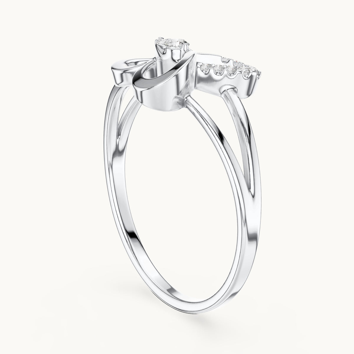 Round lab-grown diamond butterfly bow ring in white gold, 0.075 CT TW, view 1