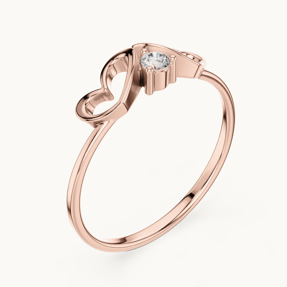 Round lab-grown diamond heart swirl solitaire ring in rose gold, 0.05 CT TW, view 2
