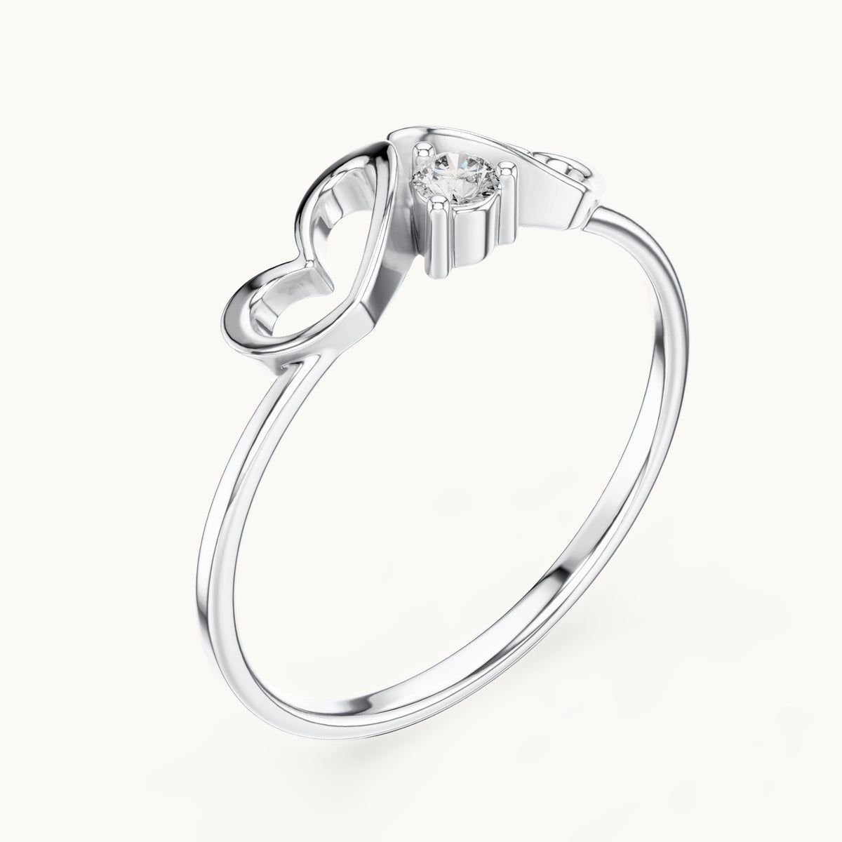 Round lab-grown diamond heart swirl solitaire ring in white gold, 0.05 CT TW, view 2