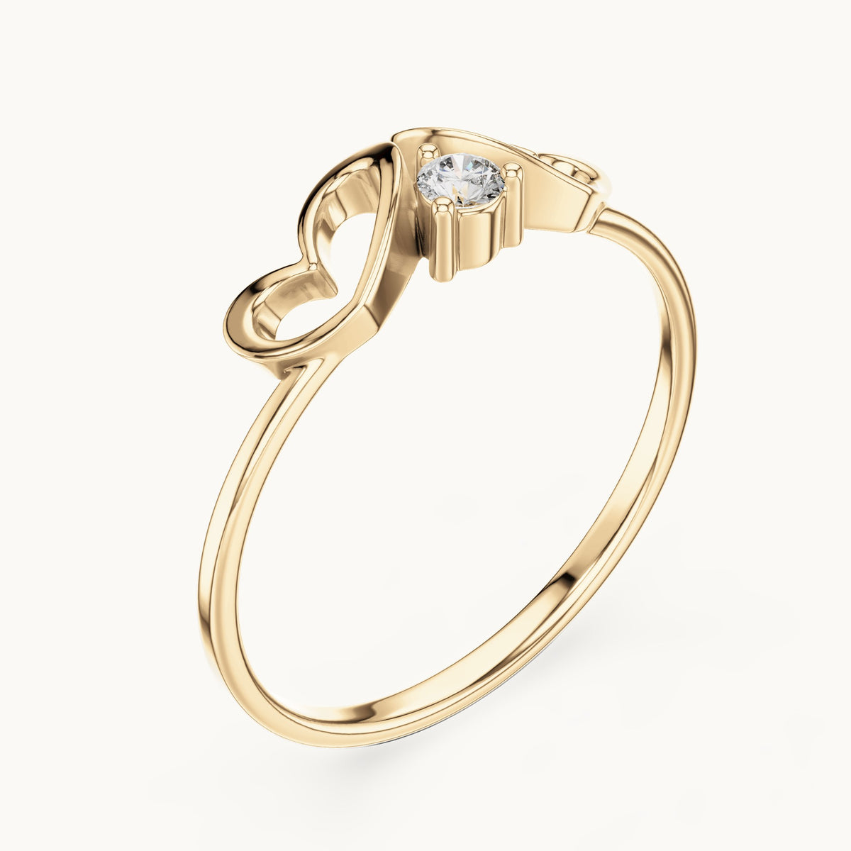 Round lab-grown diamond heart swirl solitaire ring in yellow gold, 0.05 CT TW, view 2