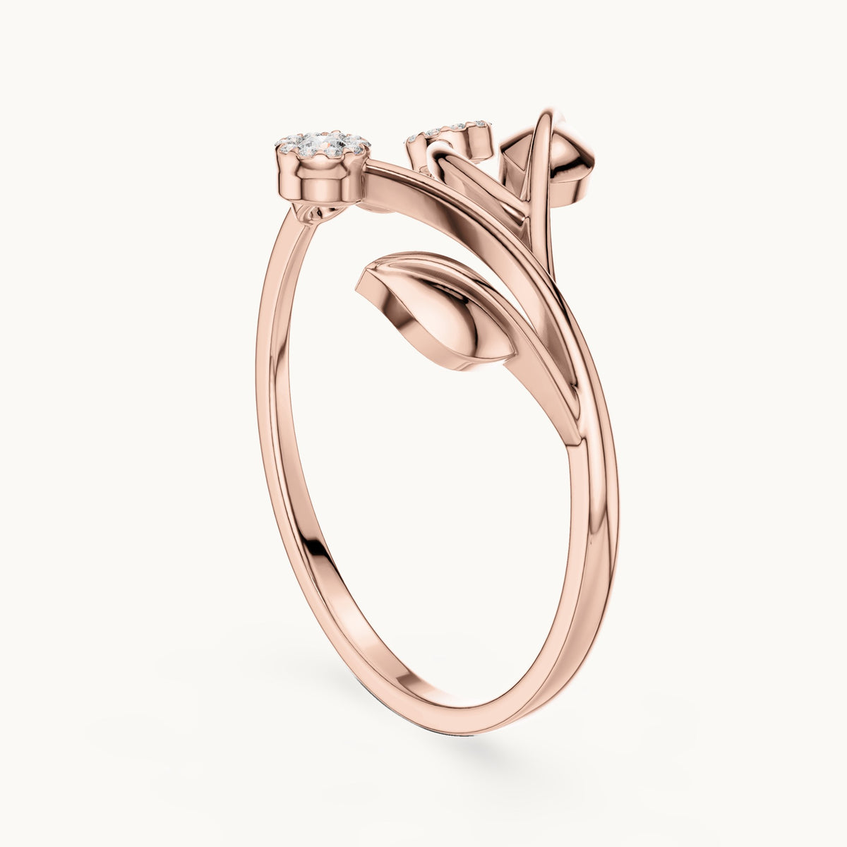 Round lab-grown diamond leaf and cluster bypass ring in rose gold, 0.086 CT TW, view 1