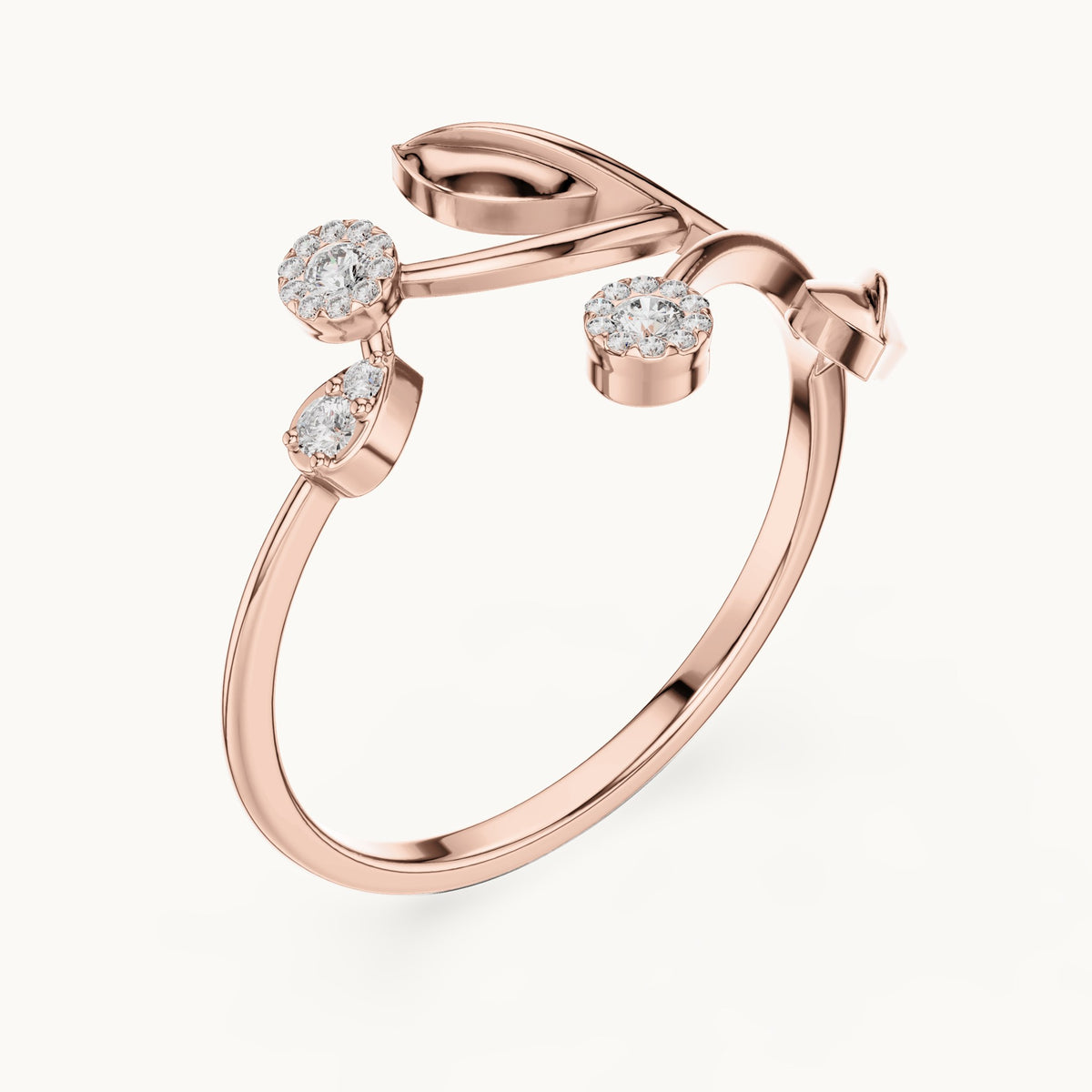 Round lab-grown diamond leaf and cluster bypass ring in rose gold, 0.086 CT TW, view 2