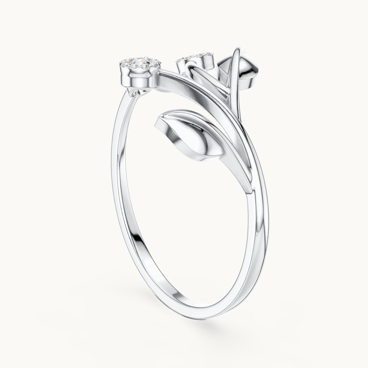Round lab-grown diamond leaf and cluster bypass ring in white gold, 0.086 CT TW, view 1