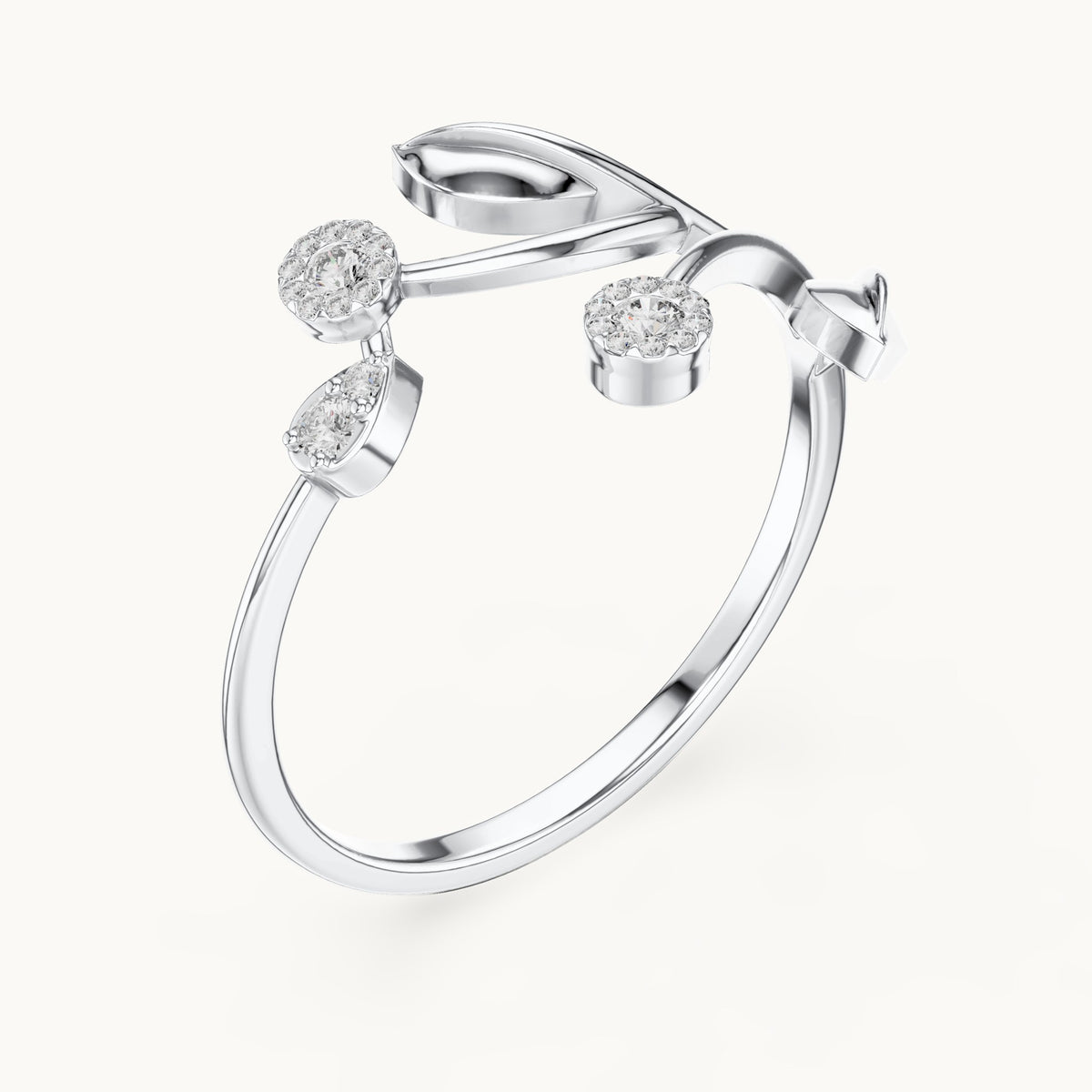 Round lab-grown diamond leaf and cluster bypass ring in white gold, 0.086 CT TW, view 2