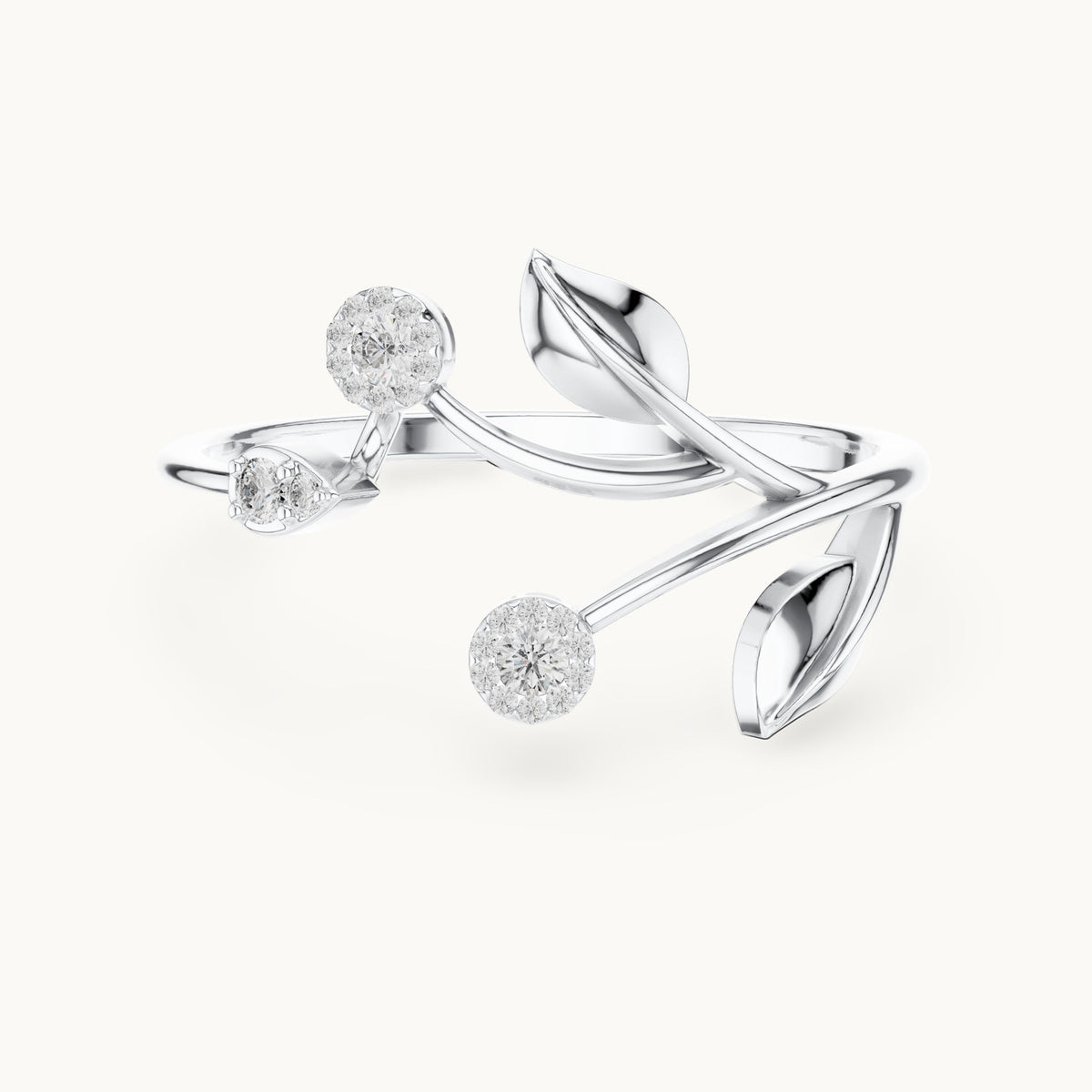 Round lab-grown diamond leaf and cluster bypass ring in white gold, 0.086 CT TW, view 4