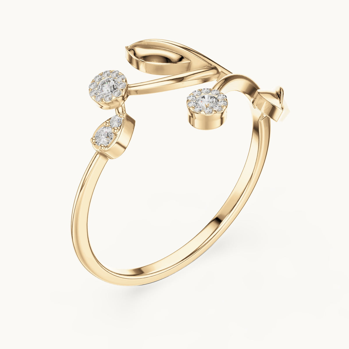 Round lab-grown diamond leaf and cluster bypass ring in yellow gold, 0.086 CT TW, view 2
