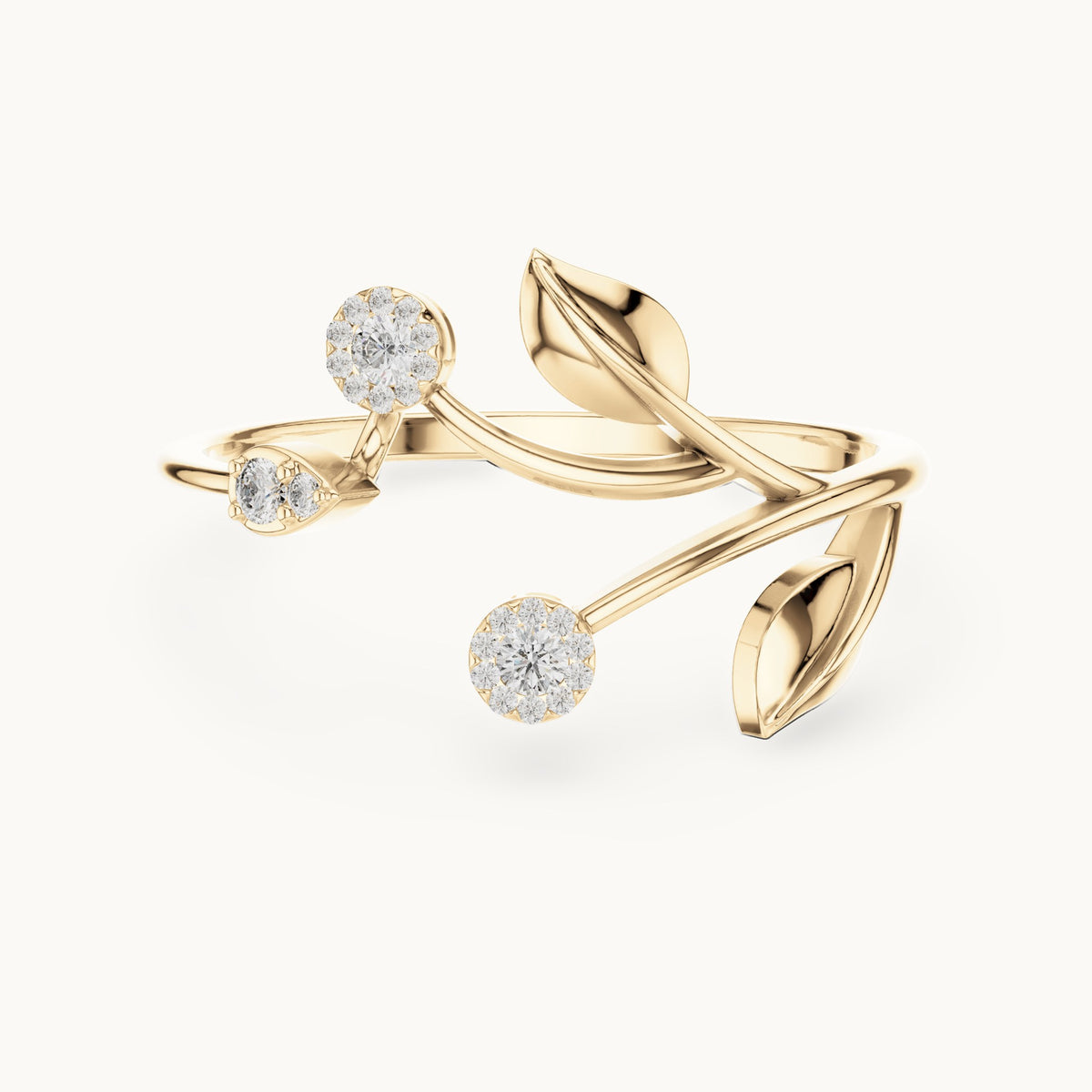 Round lab-grown diamond leaf and cluster bypass ring in yellow gold, 0.086 CT TW, view 4