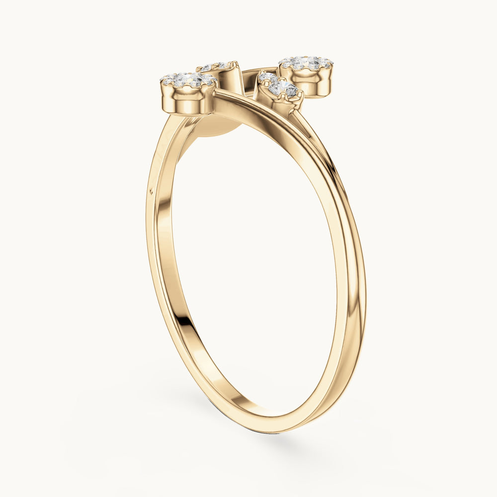 Round lab-grown diamond halo leaf double bypass ring in yellow gold, 0.106 CT TW, view 1