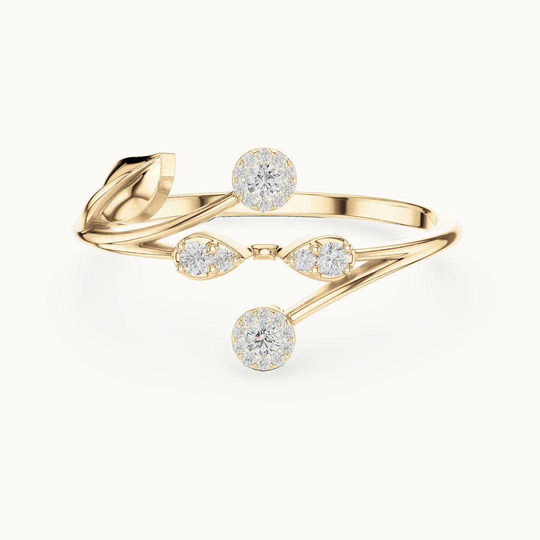 Round lab-grown diamond halo leaf double bypass ring in yellow gold, 0.106 CT TW, view 4