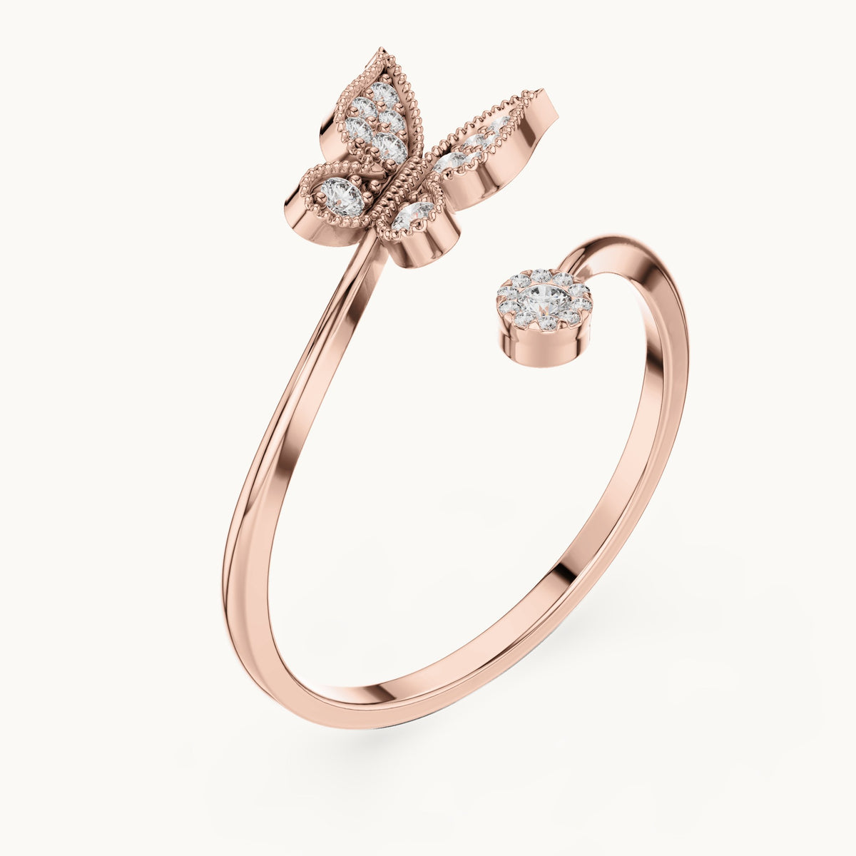 Round lab-grown diamond butterfly ring in rose gold, 0.109 CT TW, view 2