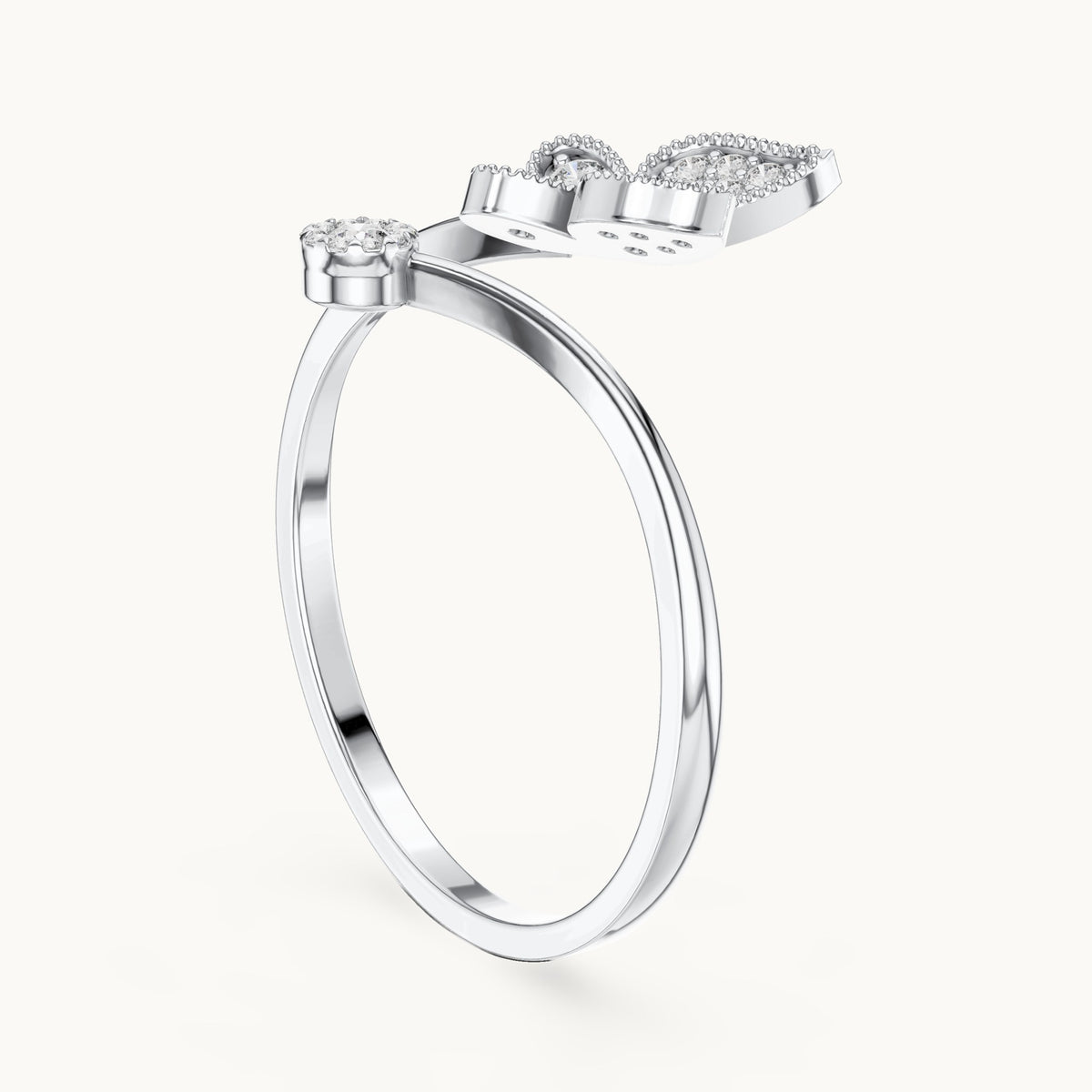 Round lab-grown diamond butterfly ring in white gold, 0.109 CT TW, view 1