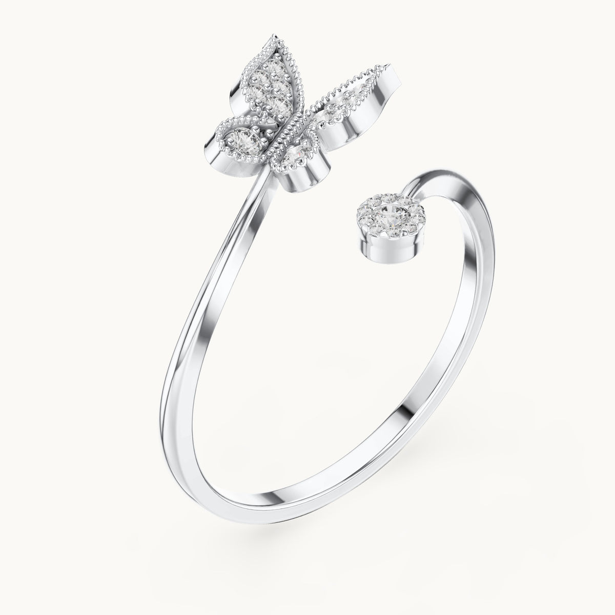 Round lab-grown diamond butterfly ring in white gold, 0.109 CT TW, view 2