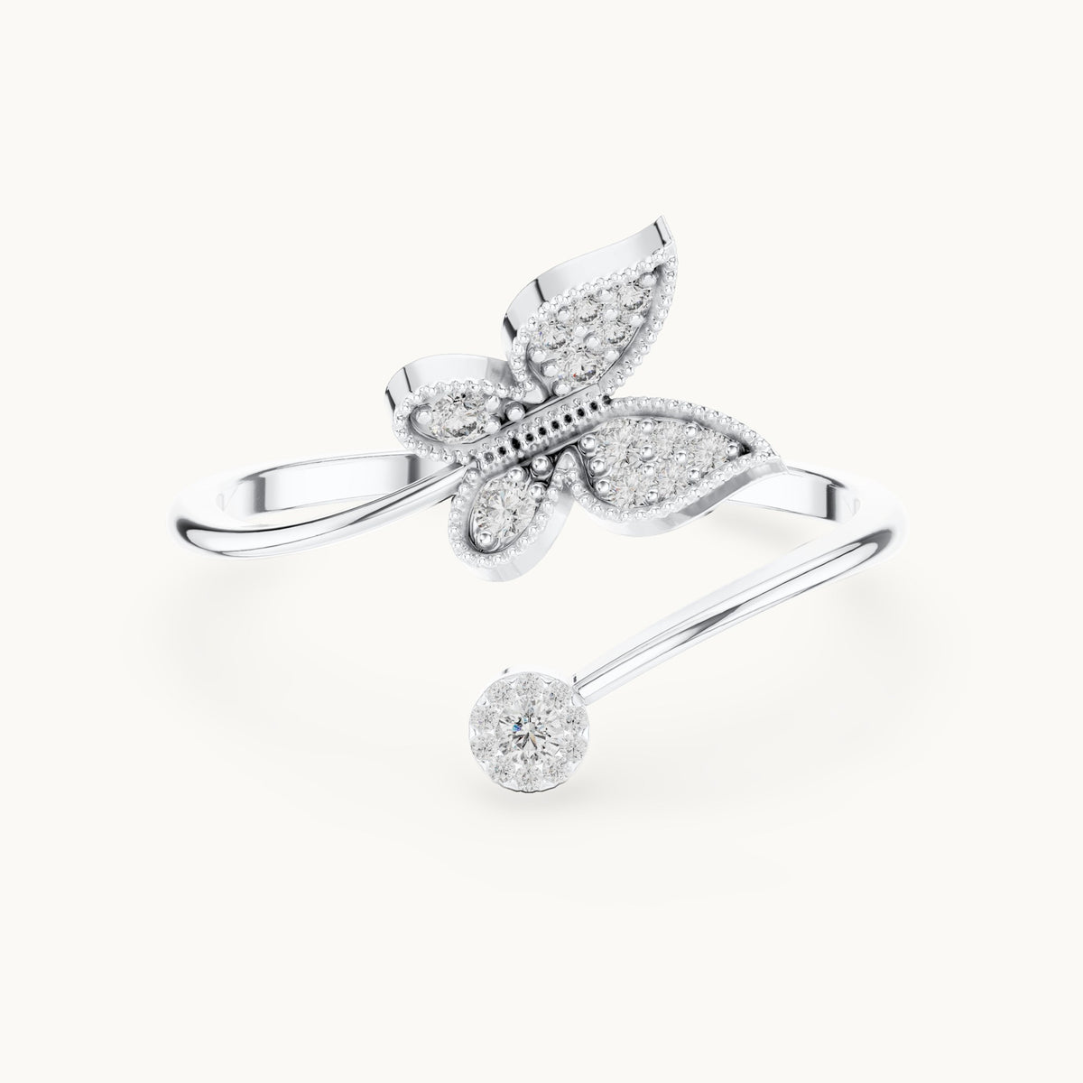 Round lab-grown diamond butterfly ring in white gold, 0.109 CT TW, view 4